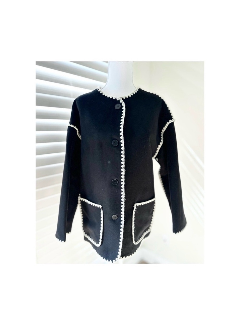 Commense Black Pea Coat with White Trim and Fringe - Picture 3 of 7